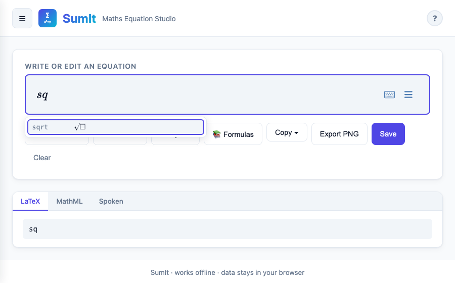 Autocomplete showing 'sqrt' matching the square-root symbol with a typeset preview