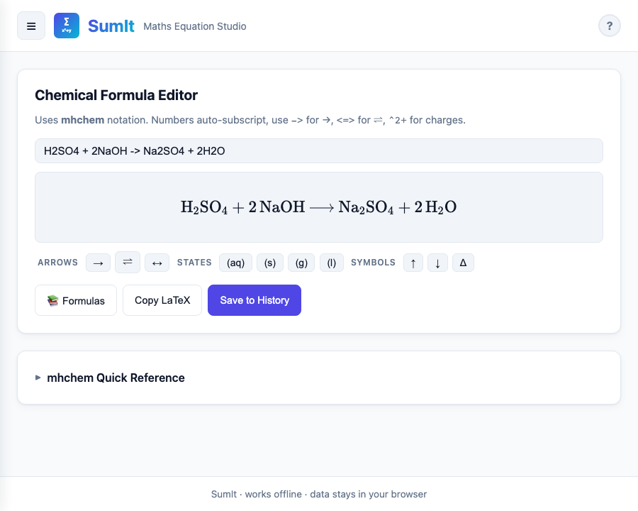 Chemistry tab rendering a balanced acid-base reaction