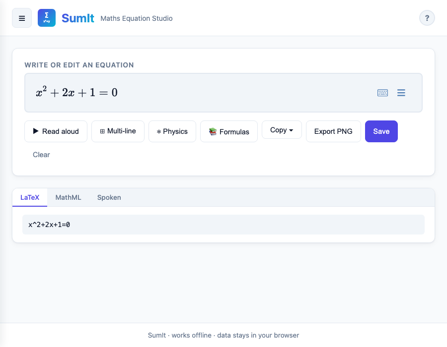 SumIt editor showing the equation x squared plus 2x plus 1 equals 0