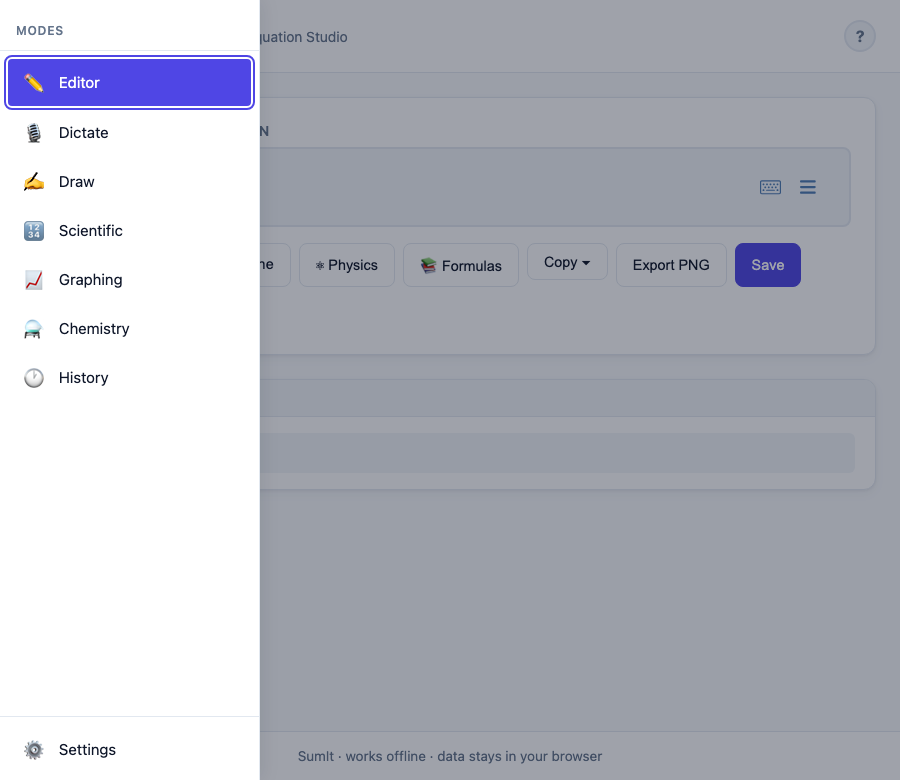 The hamburger menu open, showing Editor, Dictate, Draw, Scientific, Graphing, Chemistry, History, and Settings.