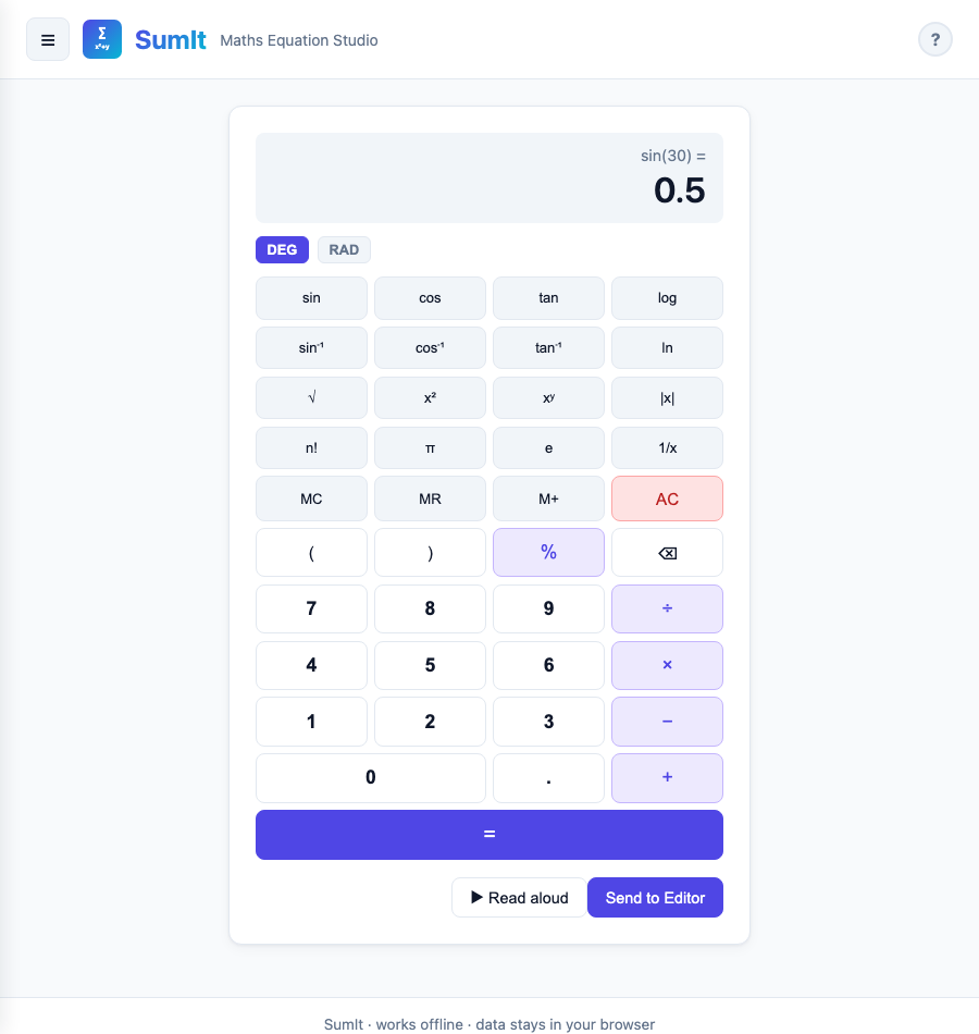 Scientific calculator with a 4-column keypad and memory controls.