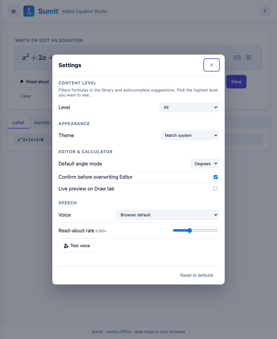 The Settings panel with groups for Content level, Appearance, Editor & calculator, and Speech.